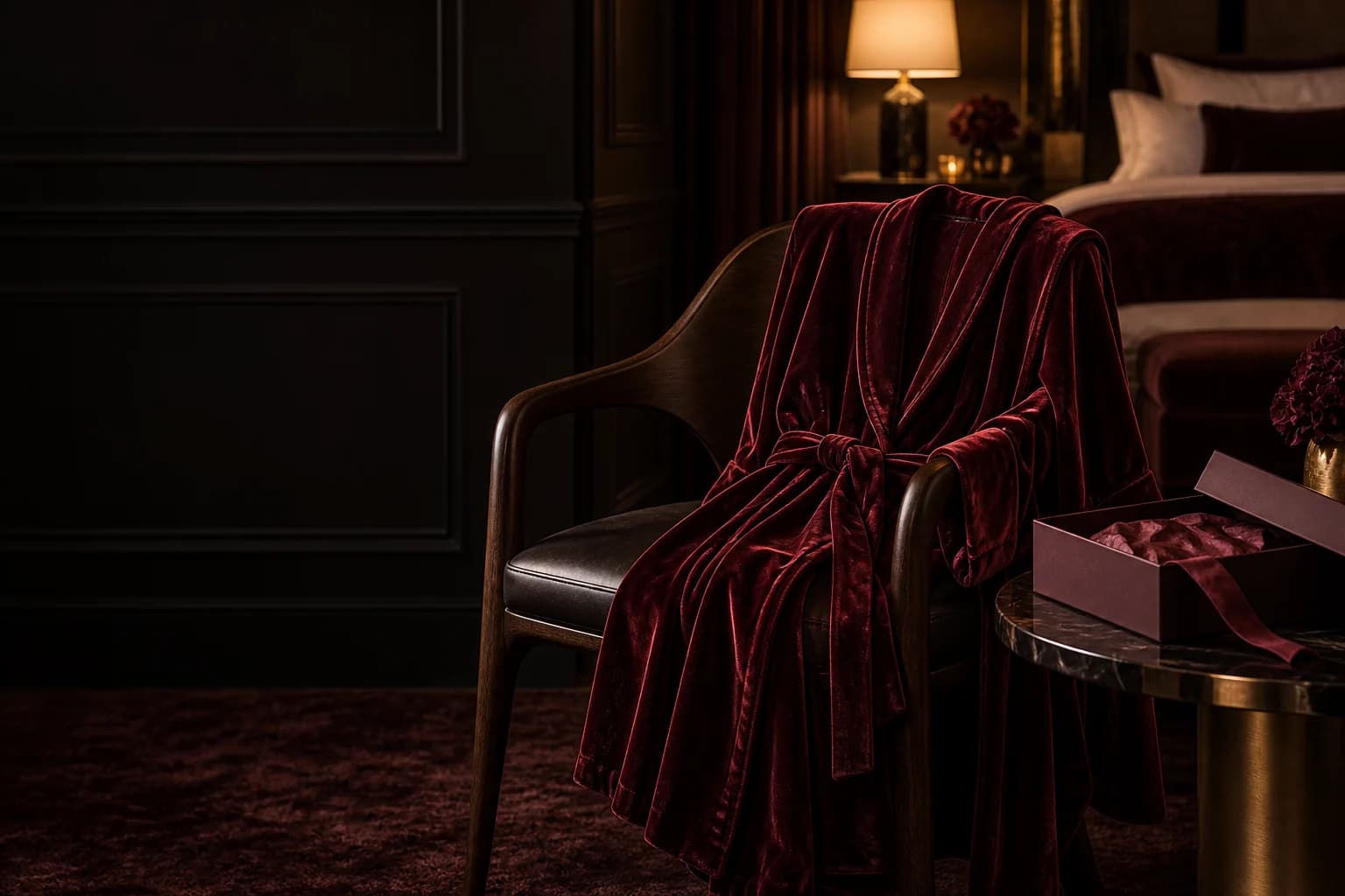 Editorial still life of a burgundy robe draped over a chair in a dark room; atmosphere, not a product photograph.
